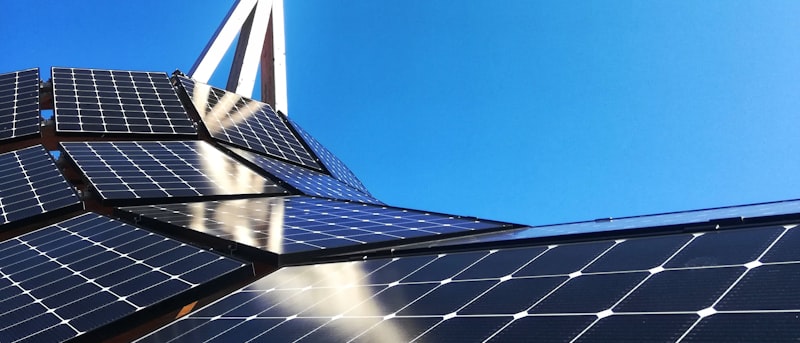 Solar panels angled against a clear sky