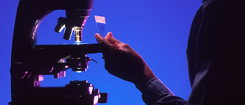 A hand adjusting a microscope in a laboratory